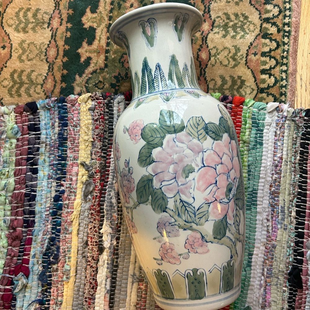 Vintage 90s 16" Floral Ceramic Vase with Pink and Green Design